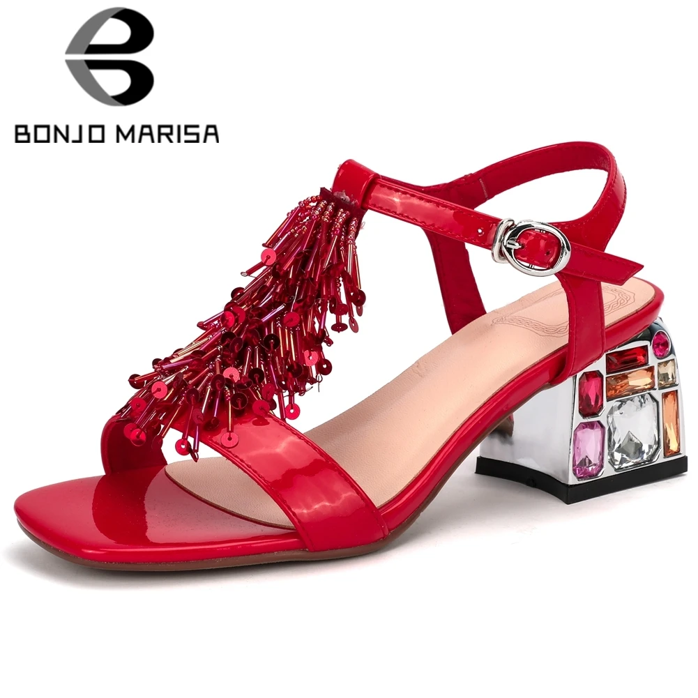 

BONJOMARISA Female Sexy Summer Sandals Open Toe Fringe Ankle Strap High Heels Sandals Women Casual Brand Shoes Woman
