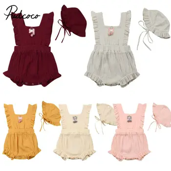

2020 Summer Newborn Baby Girls Boys clothes Ruffle Square Collar POM POM Ball sleeveless Bodysuit Bow Hat 2pcs summer Outfits