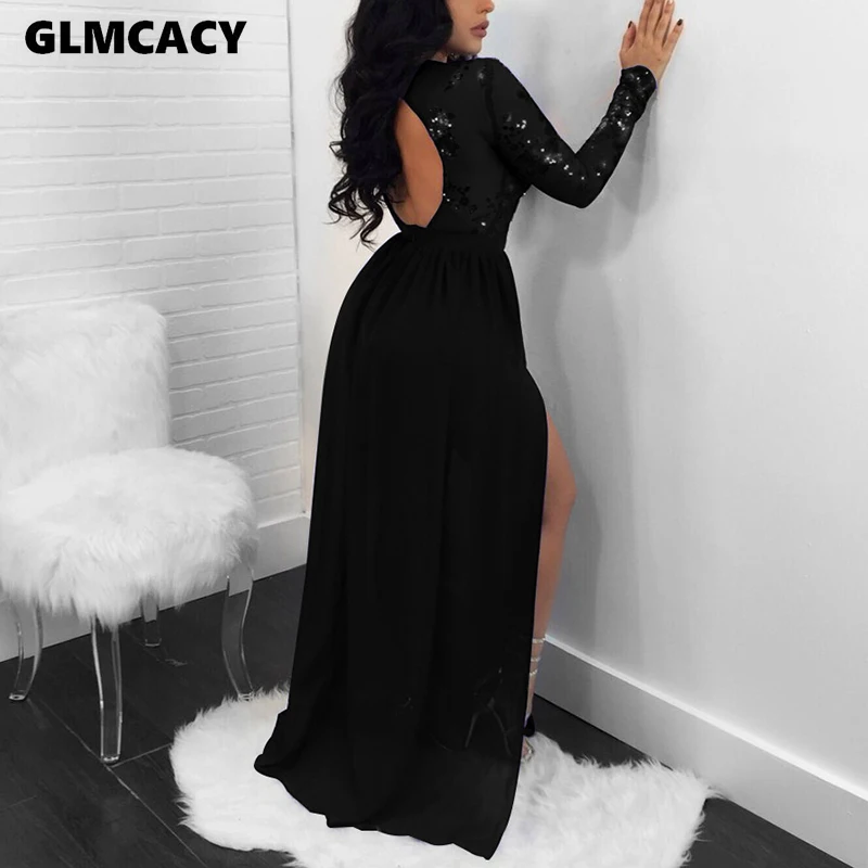 Женское платье макси с блестками и кружевными вставками в стиле пэчворк, с высоким разрезом, Формальное Черное вечернее стильное длинное платье Vestidos