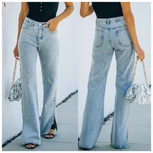 

Ankle Bifurcated Women Casual Jeans Blue Washed Vintage Office Lady Flared Denim Trousers 2022 Summer Female Denim Flared Pants