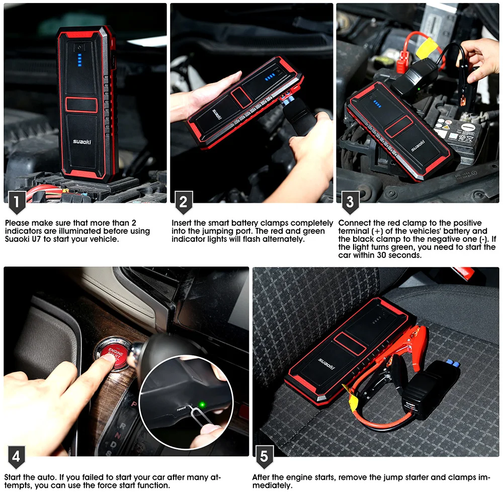 SUAOKI U17 автомобиль скачок стартер 18000 мАч Перезаряжаемые Батарея Dual USB 5V 3.0A 2.4A Тип-C Выход светодиодный фонарик Boost для двигателя автомобиля