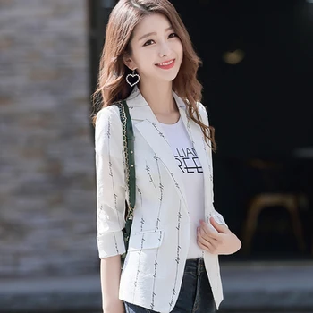 

2020 Black Stripe Print Women Temperament Coat Fashion Slim Suit Work Clothes Plus Size 3xl White Black Office Lady One Button