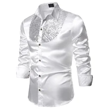 Новинка, мужская приталенная рубашка с круглым вырезом и блестящими блестками для свадьбы, выпускного, для диджеев, клубных, сценических костюмов, блузки