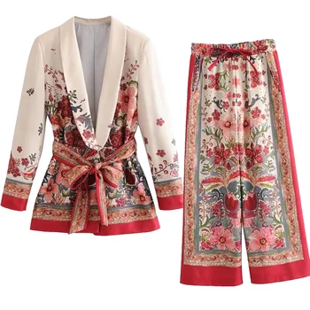 

2020 Autumn Two Piece Set Women Fashion Flowers Print Long Sleeve Clothes + Elastic Waist Wide Leg Pants Suit Ladies Coat H751