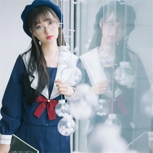Новая японская Униформа JK для девочек, белоснежные костюмы, школьная форма на весну и осень, рубашка с коротким/длинным рукавом, темно-синяя юбка с бантом