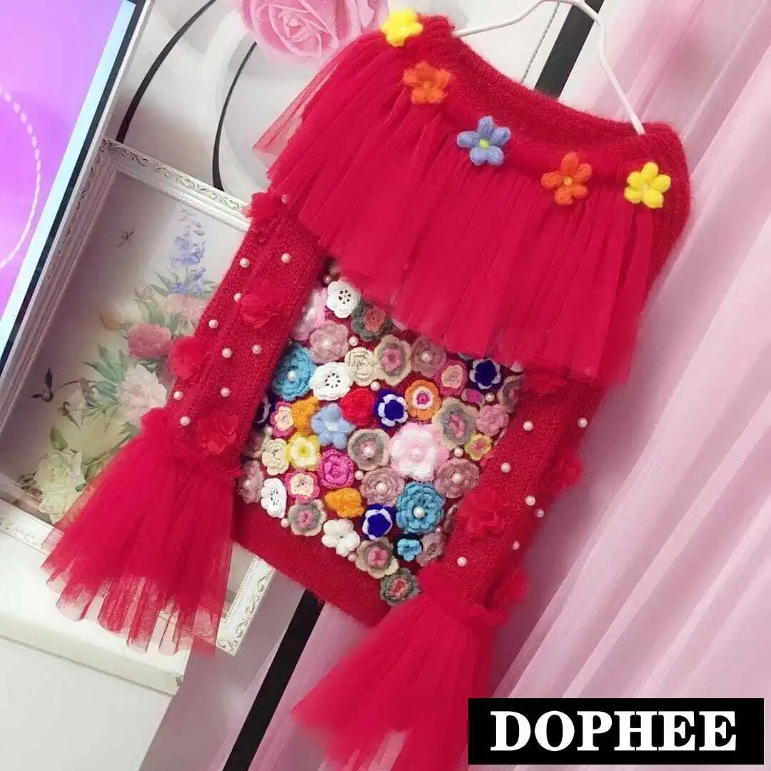 New Autumn and Winter Clothes Sweet Pearl Beaded Mesh Stitching Flower Off Shoulder Sweater Girls Red Knitted Jumpers | Женская одежда