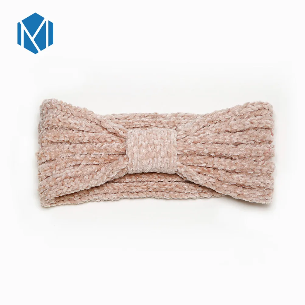 Autumn Winter Bow Hair Band Turban Warmer Chenille Headband Women Pink Elastic Knitted Hair Band Headband Accessories - Цвет: light pink