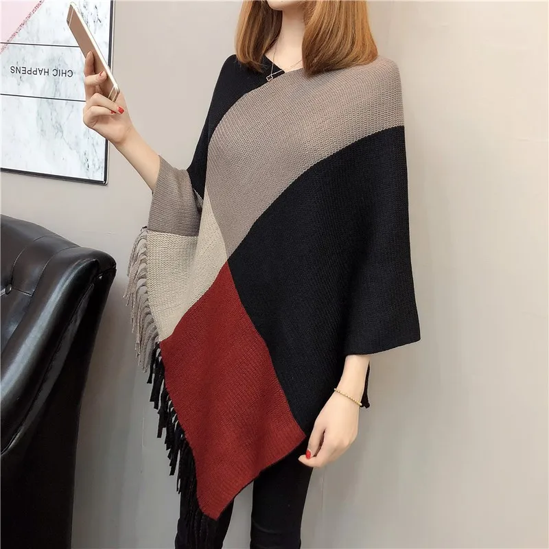 

Irregular Batwing Shirt Loose-Fit Tassels Sweater Mid-length Cloak Shawl Coat WOMEN'S Dress Autumn & Winter Sweater