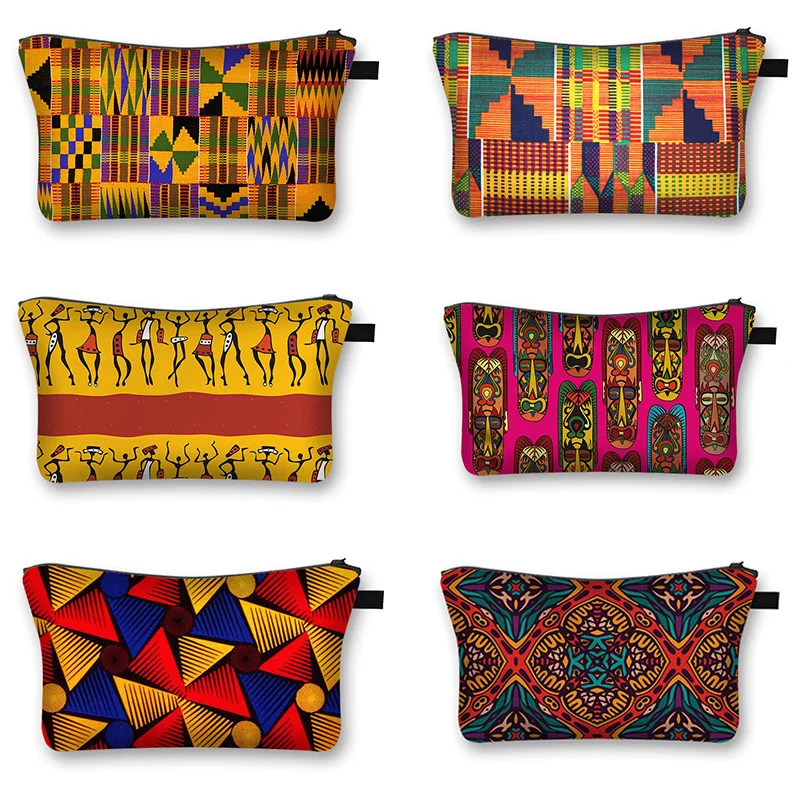 Bolsa de cosméticos estampada africana para mujer, bolso de maquillaje Afro, moda para chicas, estuche de cosméticos, bolsas portátiles de almacenamiento de lápiz labial para viaje