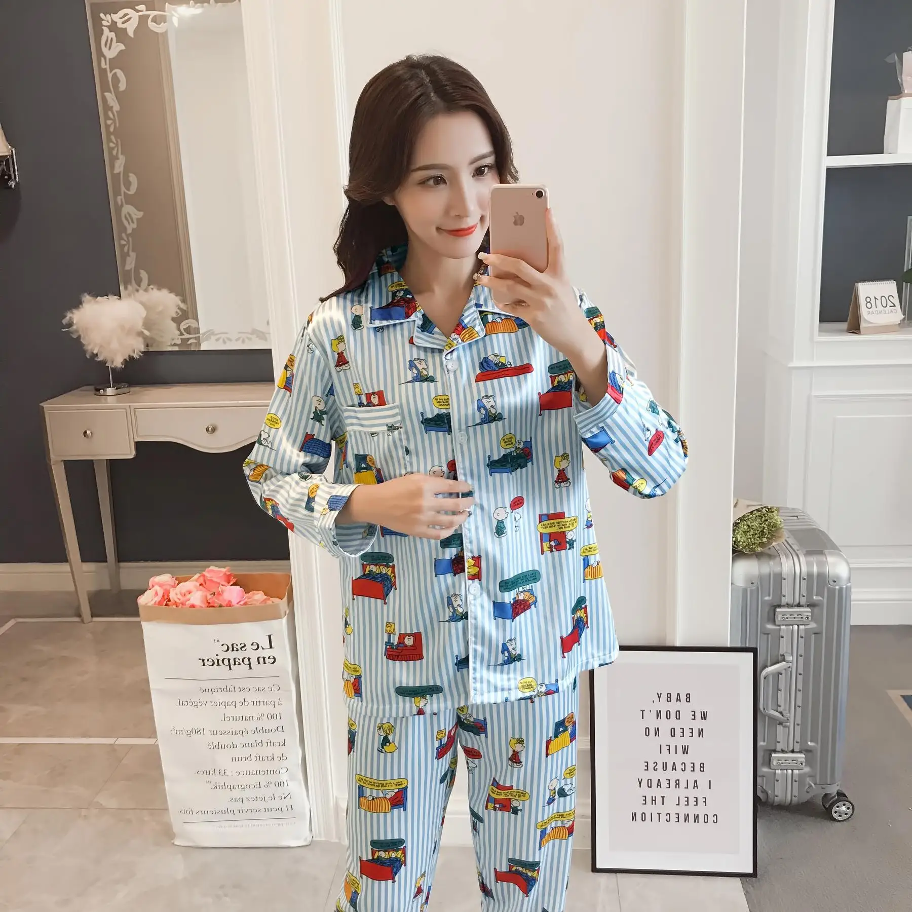 

Japanese-style Stripes San Mao Cartoon Pajamas Women's Autumn Students Model Silk Cardigan Long Sleeve Trousers Homewear Set