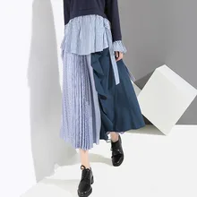 MEVGOHOT женские осень-зима полосатые юбки в стиле пэтчворк больших Размеры эластичный Высокая Талия драпированное платье с рюшами длинная юбка Модные женские HW055