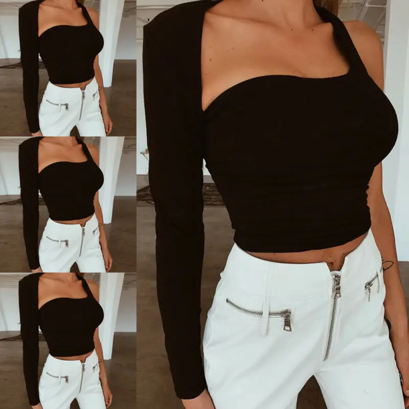 

Womens Sexy One Shoulder Crop Top Long Sleeves Slim Vest Tops Ladies Sexy hollow Out Bodycon Backless Stretch Clubwear Tees
