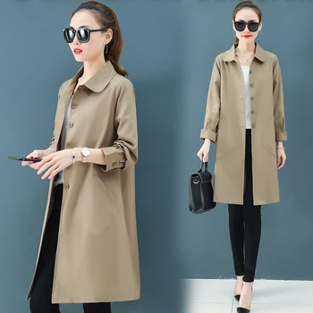 

2019 autumn women trench coat solid long loose turn-down collar office lady elegant outwear coat tops