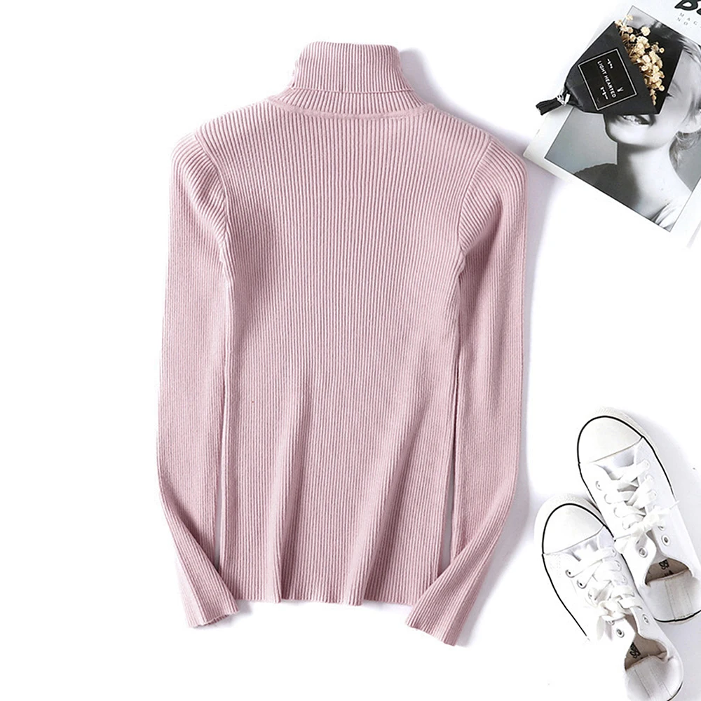 LASPERAL Autumn Winter Women Knitted Turtleneck Sweater Casual Soft polo-neck Jumper Fashion Slim Femme Elasticity Pullover - Color: Pink