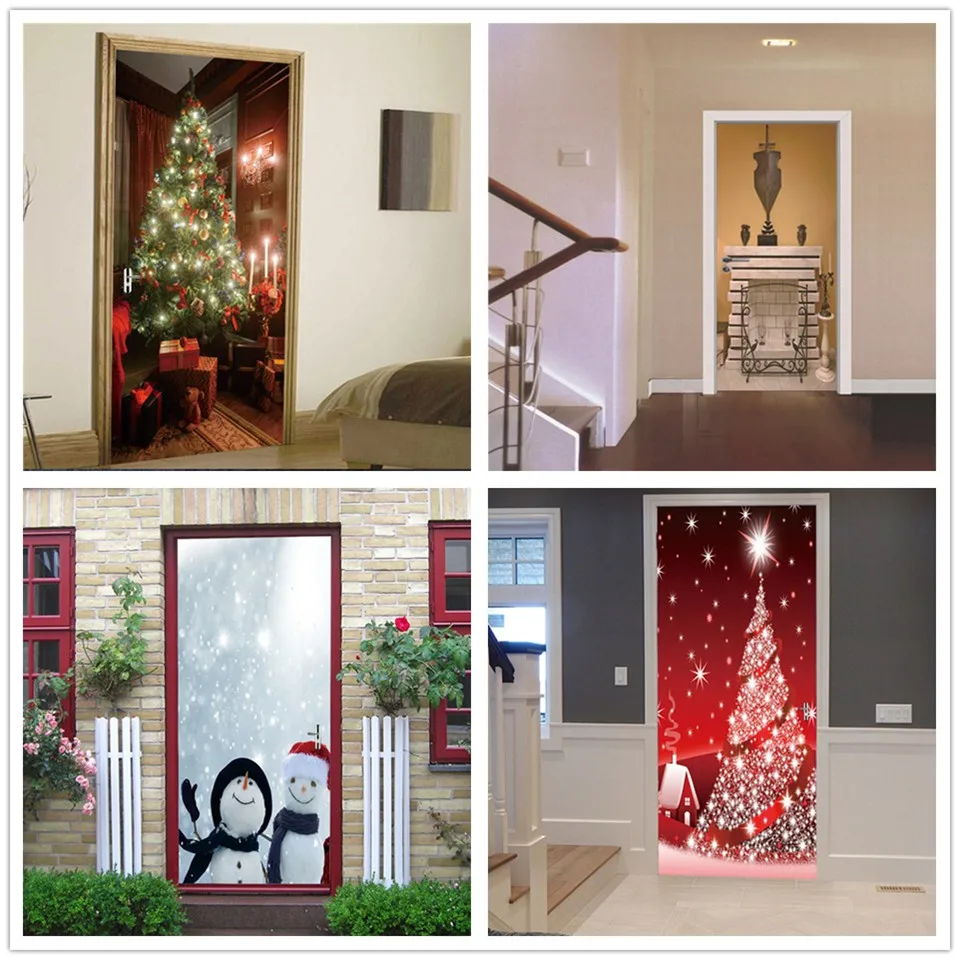 Рождественская елка Снеговик камин Стикеры для двери Гостиная Спальня обои