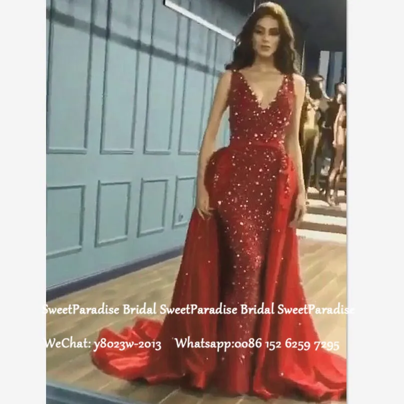 Luxe Crystal Kralen Prom Dresses 2020 Rode Lange Mermaid Afneembare Rok Diepe V-hals Avondjurk Vestido De Festa Luxe Crystal Kralen Prom Dresses 2020 Rode Lange Mermaid Afneembare Rok Diepe V-hals Avondjurk Vestido De Festa