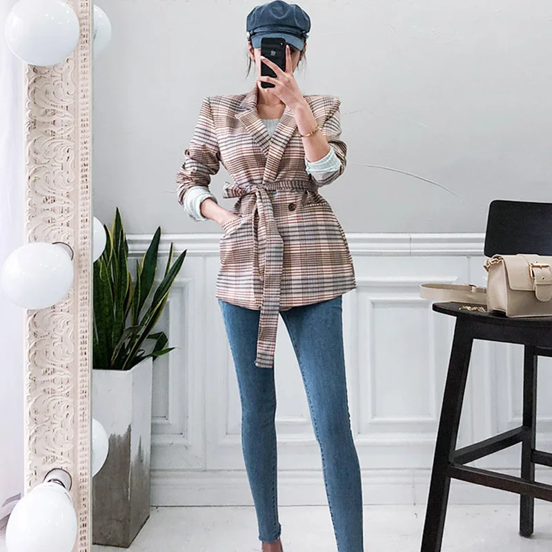 

2019 Autumn New Style Korean-style WOMEN'S Wear CHIC Casual Retro Waist Hugging Lace-up Plaid Double Breasted Suit Coat