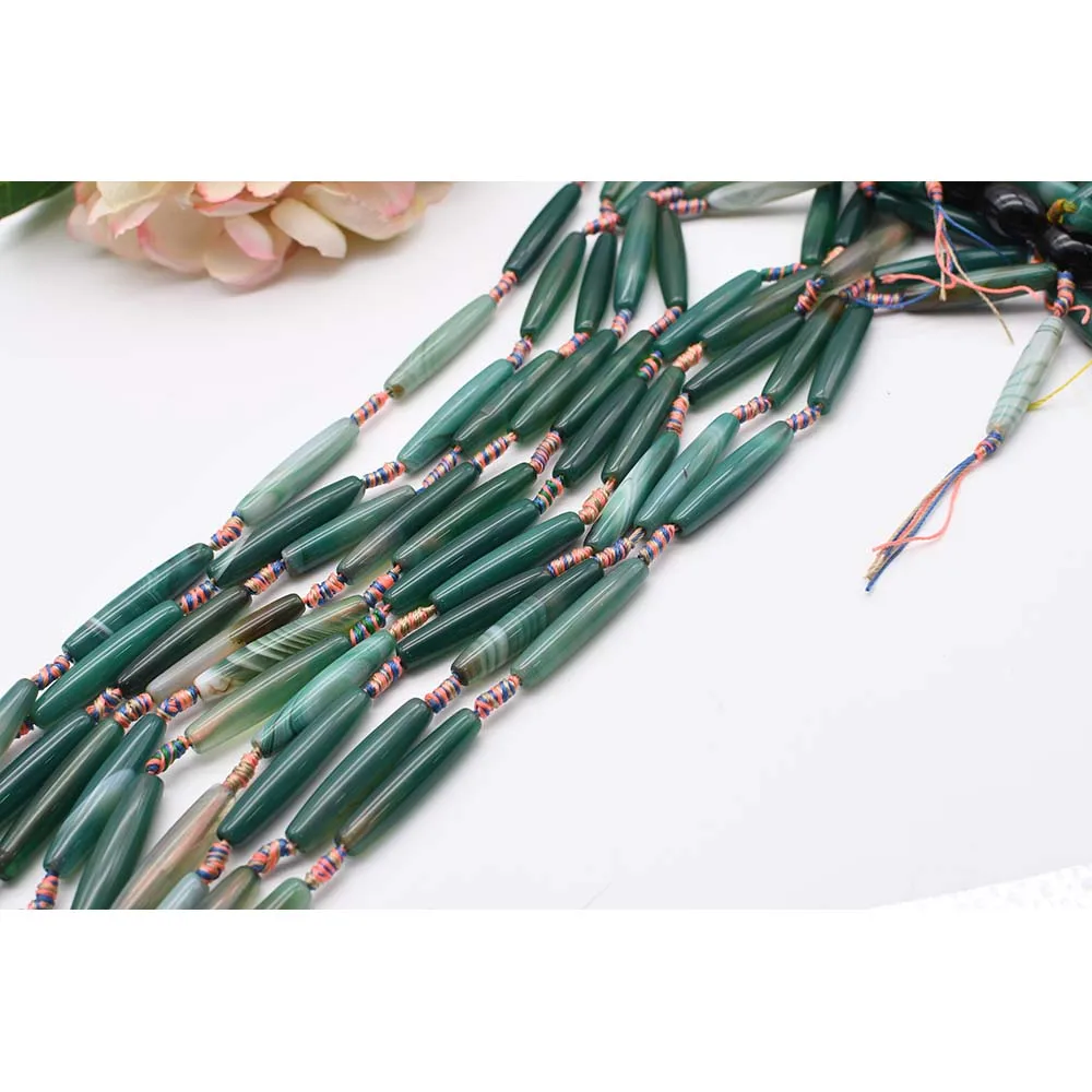 40mm Natural Smooth dark green cylindrical Agate stone beads For DIY Bracelet Necklace Jewelry Making Strand 15