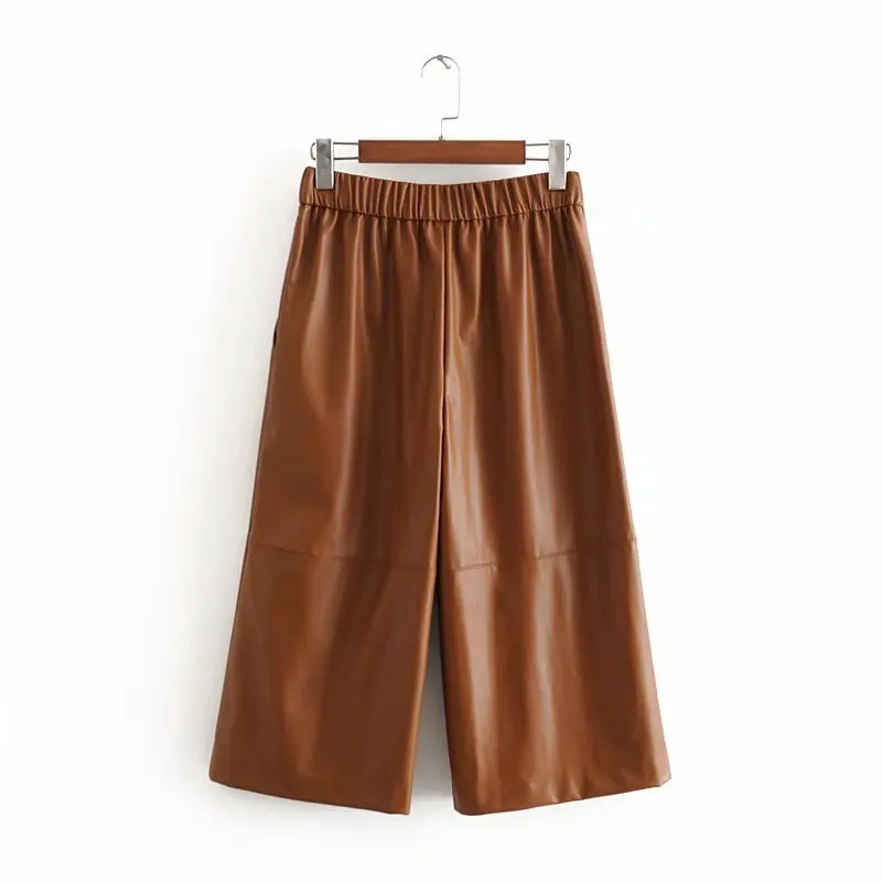 Повседневные однотонные брюки из искусственной кожи, женские модные брюки с эластичной резинкой на талии, женские элегантные широкие брюки, женские брюки