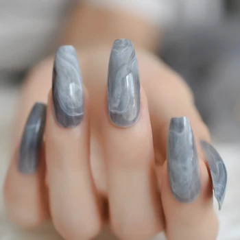 

Grandma Gray Marble Stone Ballerina Fake Nails 24Pcs Coffin Flat False Nail Tips for Salon Party Faux Ongle Free Glue Sticker