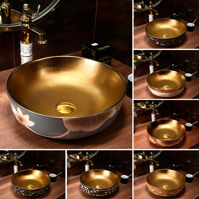 Luxury Gold Countertop Basin Round European Art Wash Basin Hotel