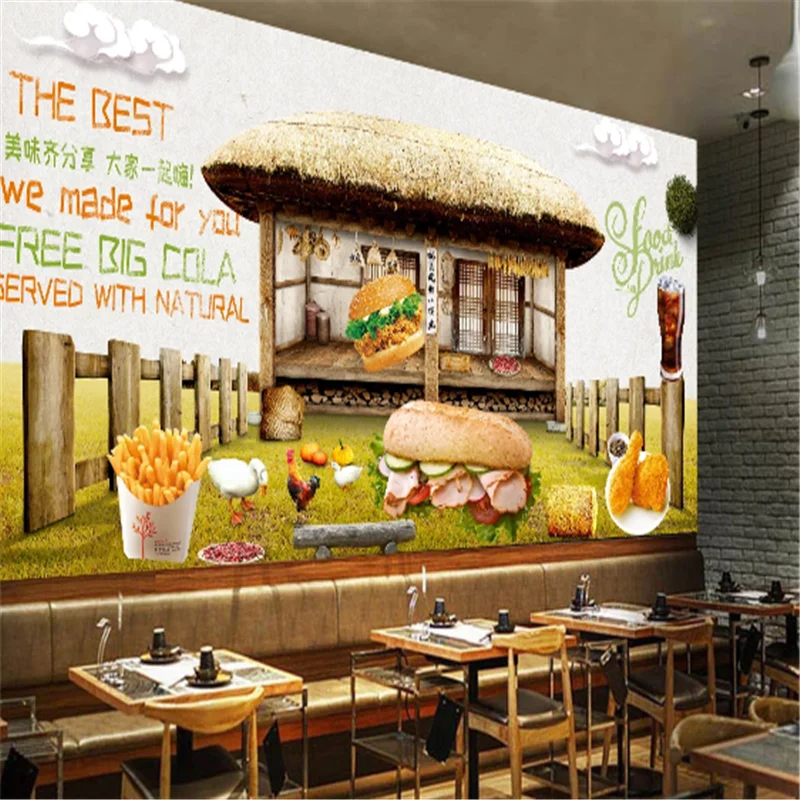 

Custom Chicken Burgers Cheese Western Fast Food Restaurant Background Wall Mural Wallpaper 3D Snack Bar Fries Coke Wall Paper 3D