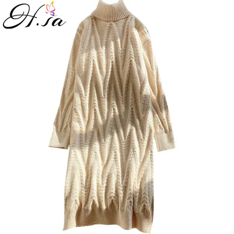 

H.SA Women Winter Long Sweater and Pullovers Turtleneck Knit Sweaters Twisted Warm Soft Knee Length Knit Dress Roupa Feminino