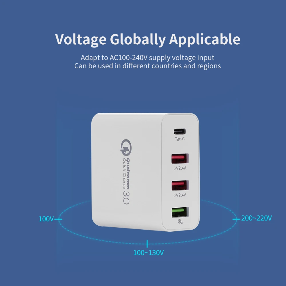 Универсальное зарядное устройство с двумя отверстиями QC3.0 USB для быстрой зарядки, 4 порта USB для телефона, компьютера, зарядное устройство type-C для дома/офиса
