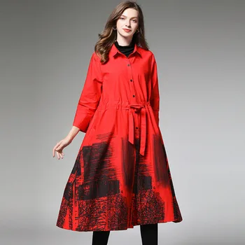 

LANMREM 2020 New Fashion Autunmn Trend Lapel Collar Nine-point Sleeve Ink Print Waist Large Size Women's Shirt Dress AI977
