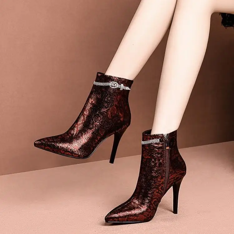

2019 Women's boots, wine, red boots, spring and autumn single boots, high heel, leather tip, thin heel boots, sheepskin