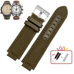Premium Genuine Leather Watch Strap with Canvas Accents - Men's Convex Mouth Design - 24.16mm (Canvas green silver)