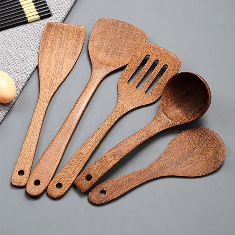 Wooden Kitchenware Set Long Handle Spatula Rice Scoop Vegetable Meat Cooking Shovel Mixing Spoons For Nonstick Pan Kitchen Tools