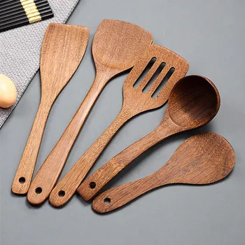 Set di utensili da cucina in legno spatola a manico lungo paletta di riso carne di verdure pala da cucina cucchiai da miscelazione per utensili da cucina antiaderenti 1