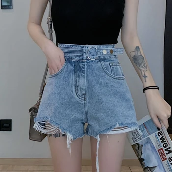 

Korean Raw Edge High Waist Denim Shorts Woman Fashion Irregular Belt Slim Shorts Ladies Summer Simple Women'S Loose Shorts 2020