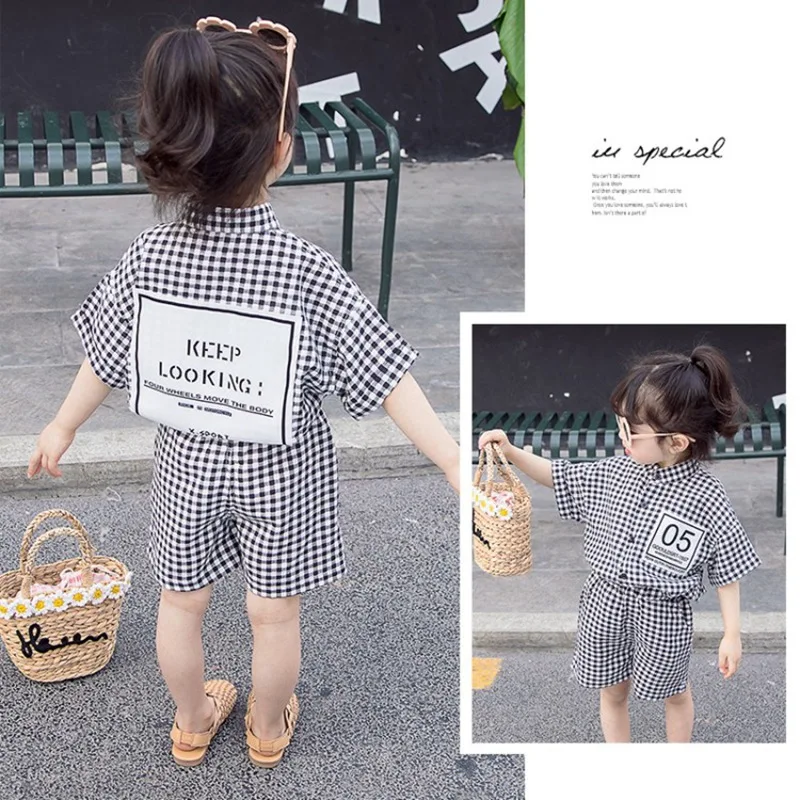 

Small CHILDREN'S Summer Wear Set Plaid Baby Girls Western Style Shirt Summer Two-Piece Set Children Kindergarten Suit Summer