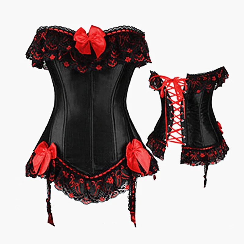 

Sexy Fashion Mature Womens Lingerie Corset And Bustier Black Satin With Red Bowknot Lace Up Bone Corselet Beautiful Size S-6XL