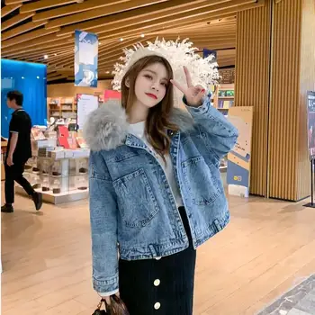 

Women Plus Velvet Denim Jacket Winter Faux Fur Collar Lace Up Bow Short Jeans Jacket Loose Coats