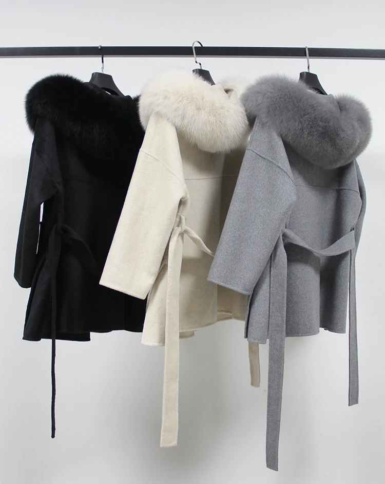 Women Wool Blend Coat fox Fur Collar Hooded jacket fashion new real fur coat long streetwear thick warm parka