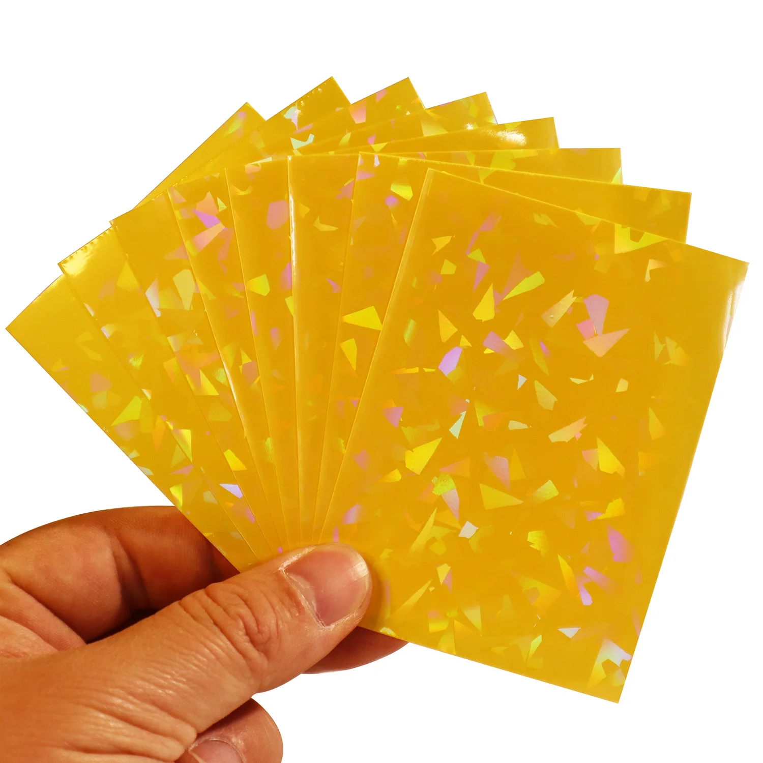 100 PCS/LOT Yellow Broken Gemstone Glass Laser High End Cover 66x91mm Film Holographic Idol Photo Protector Card Sleeves 100 pcs lot 66x91mm white broken gemstone glass laser gaming cover film holographic korea idol photo protector card sleeves