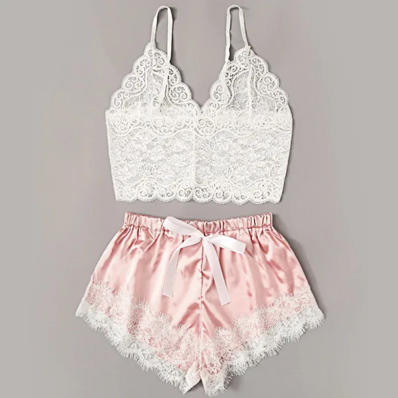 Women Sleep Wear Sexy Lingerie Satin Lace V-Neck Camisole Shorts Set Sleepwear Pijamas Women Sleeping Clothes Sleepwear Women