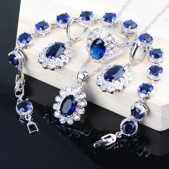 

925 Sterling Silver Women Bridal Jewelry Sets Blue Zirconia Costuem Jewelry Bracelets Earrings Wedding Ring Pendant Necklace Set