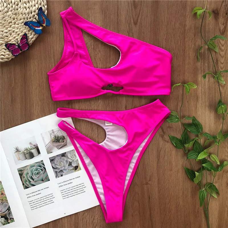 One shoulder bikini set sexy keyhole bikini High cut swimsuit female bathing suit Hollow out swimwear women bathers