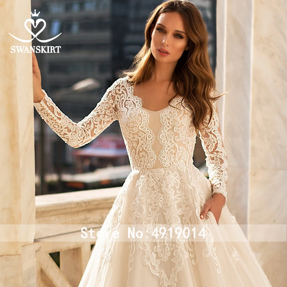 Модное кружевное свадебное платье с аппликацией; модель года; шикарная юбка с круглым вырезом и длинным рукавом; ТРАПЕЦИЕВИДНОЕ платье для невесты; платье принцессы; Vestido de noiva; UZ27