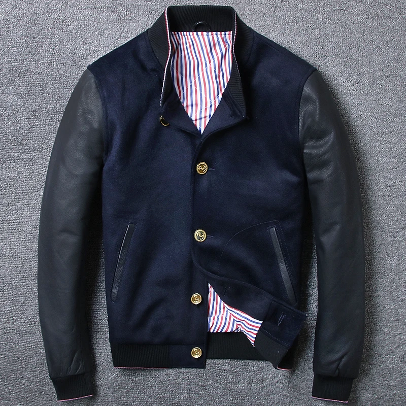 

2019 Mens Spliced Woolen Genuine Leather Overcoat Short Blue Baseball Slim Coats Jackets Single Breasted Sheepskin