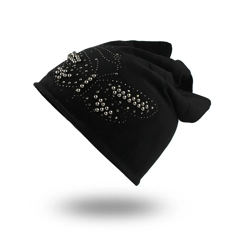 Women Winter Beanies Pearl Hat Solid Color Skullies Beanies Female Autumn Fashion Slochy Girl Spring Wrap Caps Cuffed Hat - Цвет: Черный