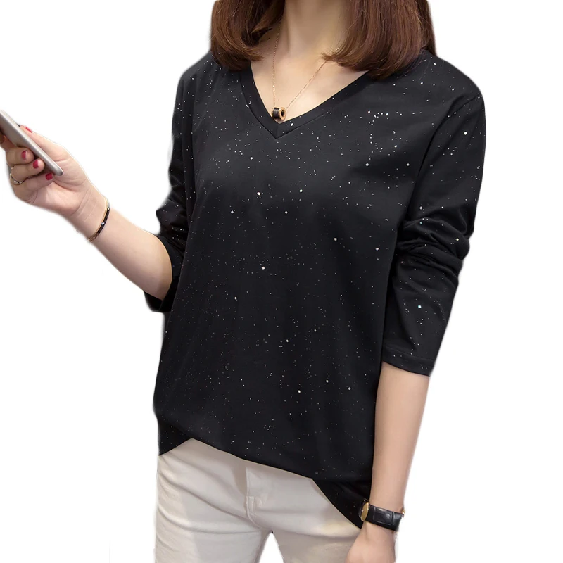Najtaniej Plus rozmiar kobiet ubrania 2019 moda jesień lśniące koszulki koreański luźne V Neck t shirty z długim rękawem topy koszulka oversized Shirt
