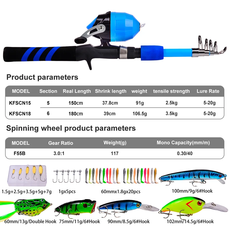 PROBEROS Kids Fishing Pole Portable&Reel Set 1.2-1.5-1.8m Spincast