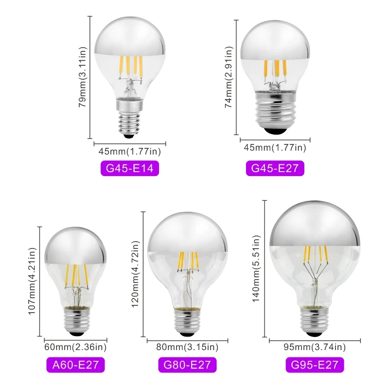 에디슨 E14 E27 미러 실버 레트로 LED 전구 4W G45 A60 ST64 G80 G95 빈티지 필라멘트 Lampada LED 램프 따뜻한 흰색 조명