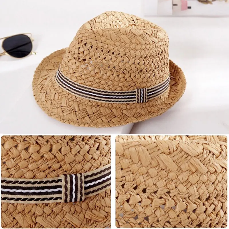 Простая модная детская соломенная шляпа ручной работы, винтажная шляпа с широкими полями, летняя пляжная Солнцезащитная шляпа для мальчиков и девочек SER88