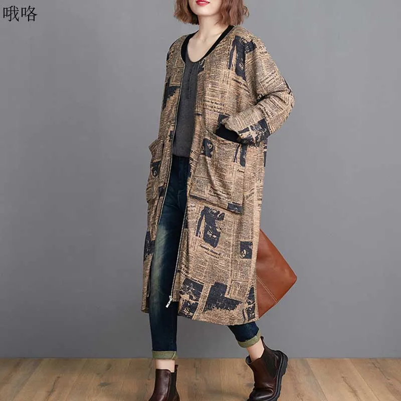 

One-Piece Plus Size Women Cardigan And Jackets 2020 Autumn Winter New Long Sleeve Vintage Loose Overcoat Female Long Coats 6XL